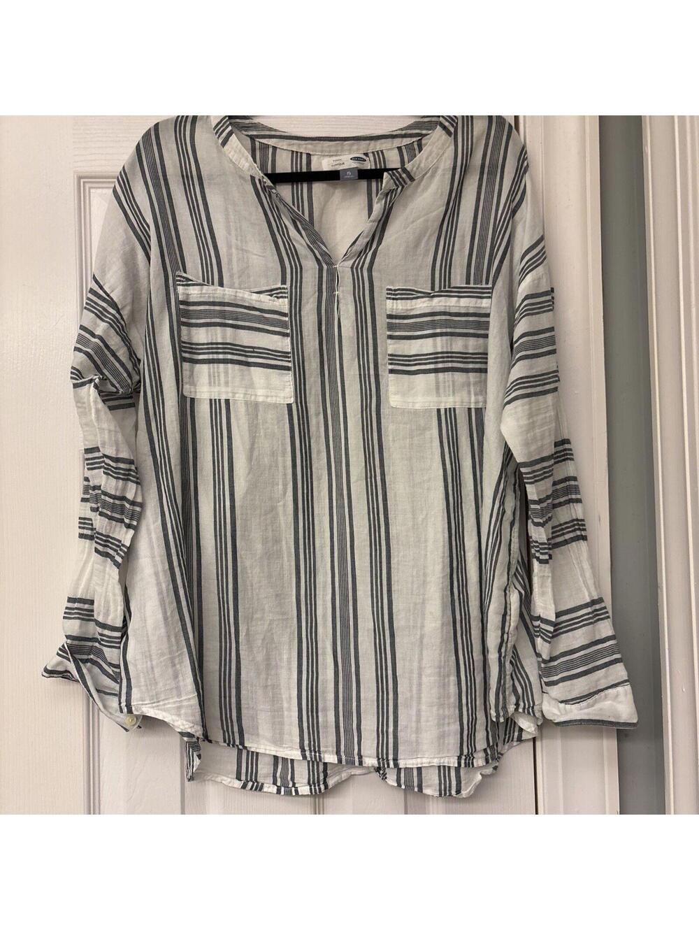 Old Navy Women's Blouse Striped V-Neck Boho Long Sleeve Linen Cotton Size XL